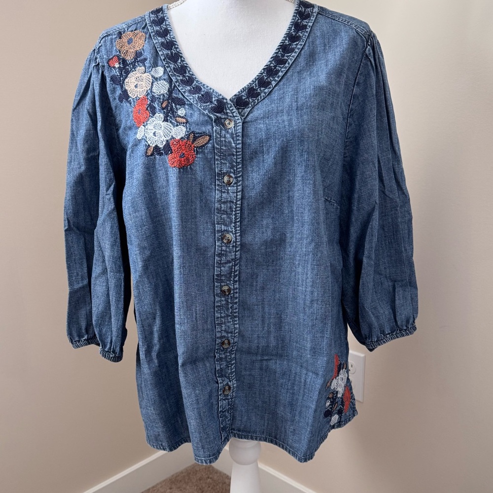 Chico’s Embroidered Denim Button-Up Top